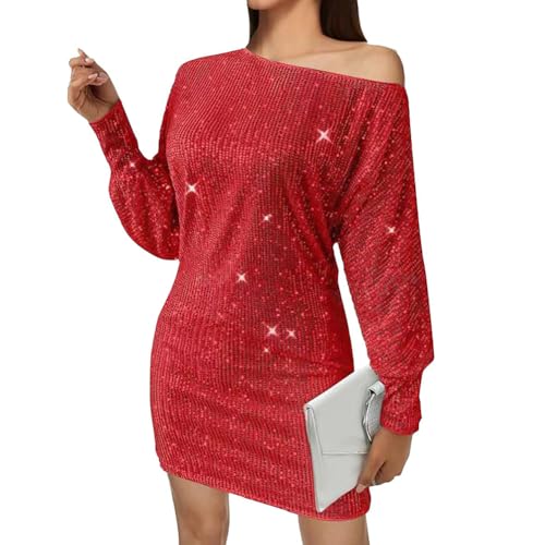 iSpchen Paillettenkleid Damen Langärmeliges Pailletten Bleistiftkleid Eine Schulter Cocktailkleid Elegant Festlich Party Bodycon Kleid Abendkleider Partykleid,weinrot,XL von iSpchen