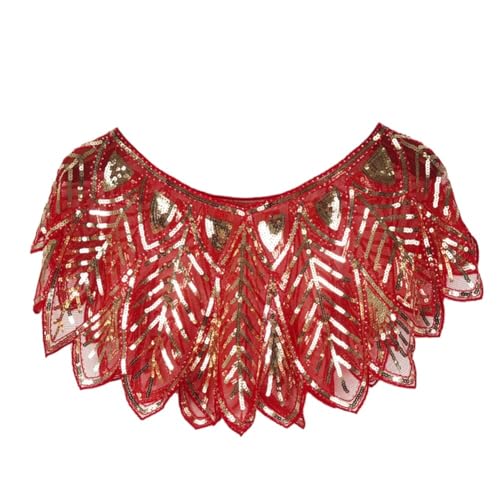 iSpchen Paillettenumhang Damen Festlich Pailletten Umhang Schal Schultertuch Stola Tuch Abendkleid Strass Party Retro Umschlagtücher Abendkleid Pailletten Spitze Flapper Kostüm Accessoires Rot von iSpchen