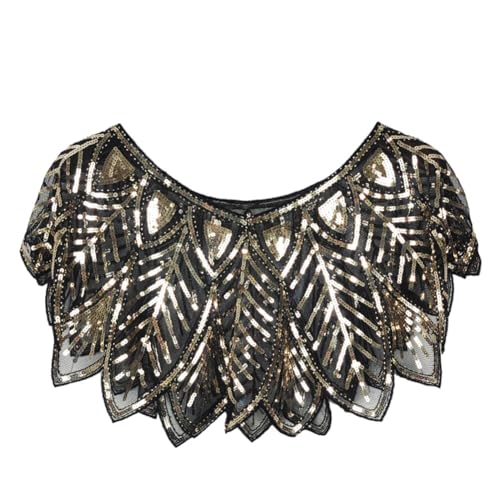 iSpchen Paillettenumhang Damen Festlich Pailletten Umhang Schal Schultertuch Stola Tuch Abendkleid Strass Party Umschlagtücher Abendkleid Spitze Flapper Kostüm Schwarzes Gold von iSpchen