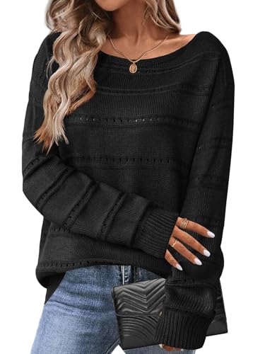 iSpchen Pullover Damen Sweatshirt Strickoberteil Elegant Langarm Oberteile Locker Casual Basic Tops schulterfrei Langarmshirt mit Aussparungen Pullis,Schwarz,S von iSpchen