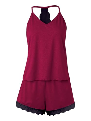 iSpchen Schlafanzug Damen Kurz Shorty Ärmellos Sleepwear Pyjama Racerback-Oberteil 2-Teiler Home Set,Rotwein L von iSpchen