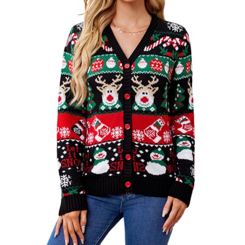 iSpchen Strickjacke Damen Weihnachten Cardigan Langarm Casual Strick Weihnachtspulli mit Button Schneeflocken Schneemänner mittellang Warme Outerwear für Herbst Winter,Schwarz,XL von iSpchen