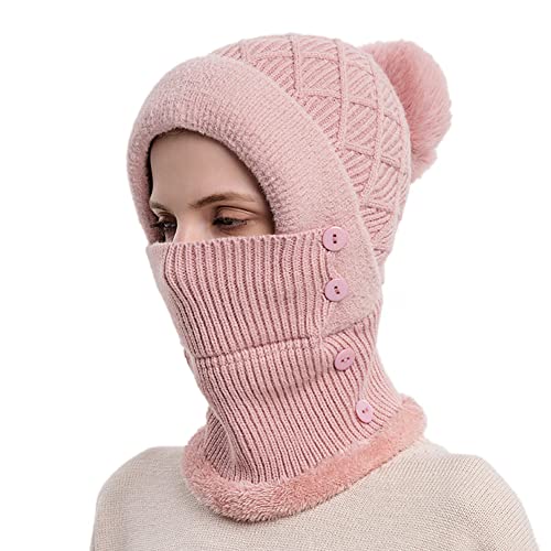 iSpchen Sturmhaube Damen Warme Beanie Mütze Winddichte Strickmütze 3 in 1 Wintermütze und Schal & Gesichtsmaske Set Warme Balaclava Winter Schlupfmütze Schal Bommelmütze Kunstfell Bommel Hut von iSpchen