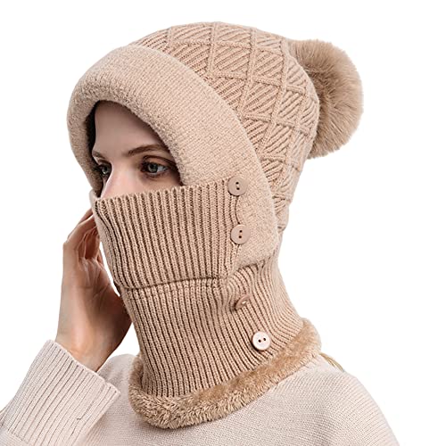 iSpchen Sturmhaube Damen Warme Beanie Mütze Winddichte Strickmütze 3 in 1 Wintermütze und Schal & Gesichtsmaske Set Warme Balaclava Winter Schlupfmütze Schal Bommelmütze Kunstfell Bommel Hut von iSpchen