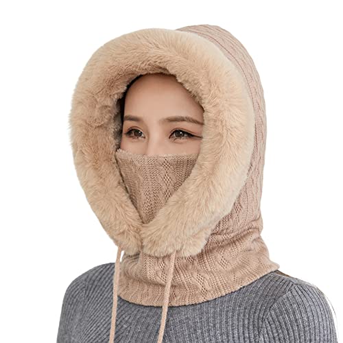 iSpchen Sturmhaube Gesichtsmaske Damen Wintermütze Warme Plüschmütze 3 in 1 Damen Winterschal Strickmütze Balaclava Winter Schlupfmütze lässige Plüsch Mütze Outdoor Radfahren Mützen Skimütze Schal von iSpchen