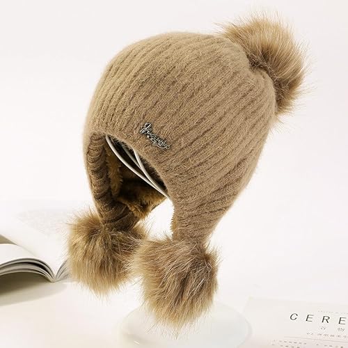 iSpchen Super Warme Hairy Ball Ohrenschützer Winter Strickmütze Gestrickt Verdicken Hut Warme Wintermütze Beanie Häkeln Stricken Hut Warm Wollmütze Feinstrick Freien Mütze Kappe Damen Mädchen,Khaki von iSpchen