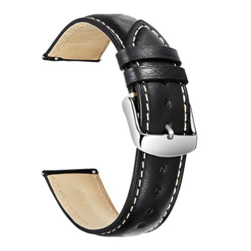 Uhrenarmband 18mm Leder-Quick Fit Armband-Silberne Metall Schnalle-Ersatzgurt für Herren Damen-Schwarz Armband With Beige Stich von iStrap