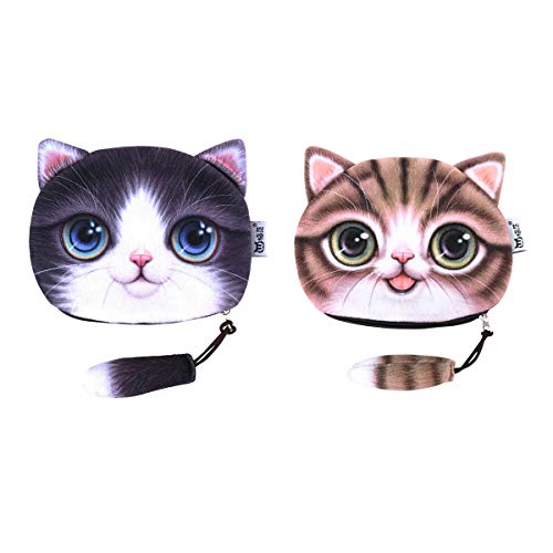iSuperb 2 Stück Münzbörse Münzbeutel Kleingeldbörse Täschchen Minigeldbörse Geldbörse mit Coin Purse Animal Print Katzenohren und Schwänzchen Reißverschluss (2 Stück Lila + Kaffee) von iSuperb