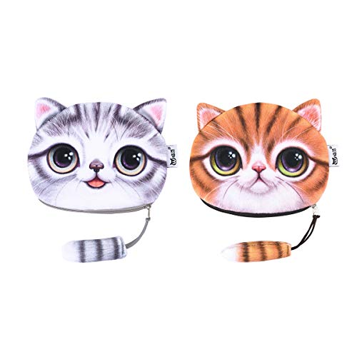 iSuperb 2 Stück Münzbörse Münzbeutel Kleingeldbörse Täschchen Minigeldbörse Geldbörse mit Coin Purse Animal Print Katzenohren und Schwänzchen Reißverschluss (2 Stück gelb + grau) von iSuperb