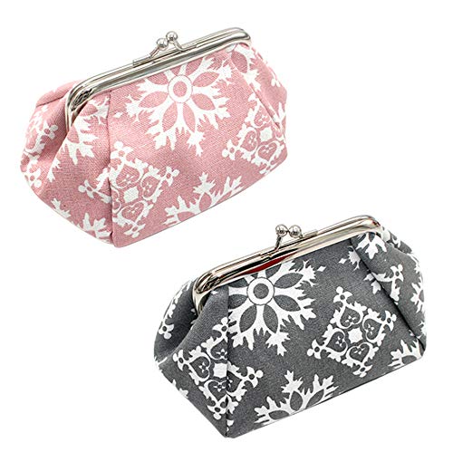 iSuperb Damen Retro Münzen Tasche 2PCS Frauen Münzbeutel Täschchen Blumen- Münzbörse Haspe Mini Geldbörse Münzen Portmonee Coin Purse für Münzen, Schlüssel, Karten, Lippenstifte (Pink + Grau) von iSuperb