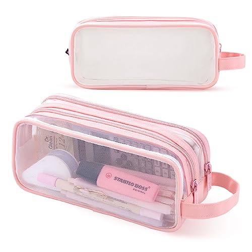 iSuperb Durchsichtiges Federmäppchen Handheld Stifttasche Transparent Make-up Tasche Multifunktions Bleistift Beutel für Business Reisen Büro Erwachsene (Rosa) von iSuperb