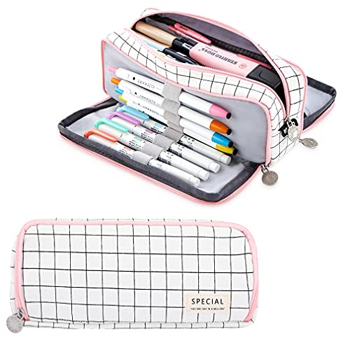 iSuperb Federmäppchen Studenten Mäppchen Große Kapazität Pencil Case Teenager Mäppchen Reißverschluss Frauen Make-up Tasche für Schule & Büro Damen Mädchen (Plaid Pink B) von iSuperb