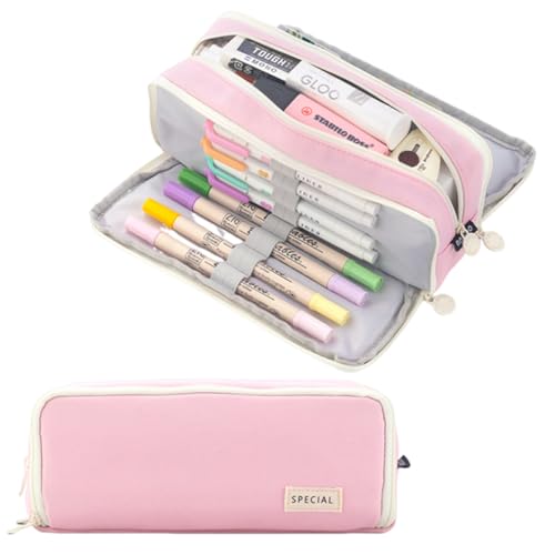 iSuperb Federmäppchen mit 3 Fächern, große Kapazität, Stifthalter, Oxford, Schreibwaren, Aufbewahrung, Kosmetik, Make-up-Tasche für Damen (Rosa) von iSuperb