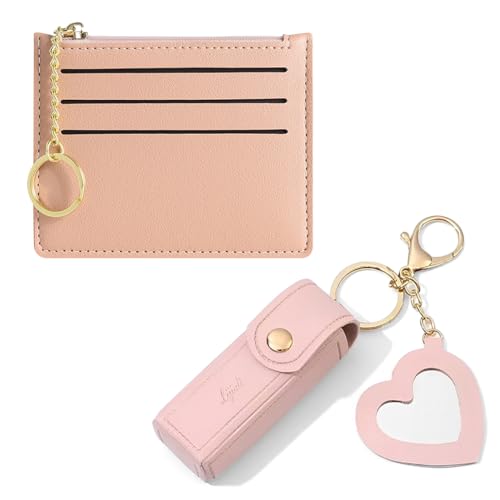 iSuperb Lippenstift-Etuis Leder Schlüsselmäppchen Münztüte Kreditkartenetui Lippenstift Etui Schlüsselanhänger Set Chapstick Holder Keychain Damen Geldbörse (Rosa) von iSuperb