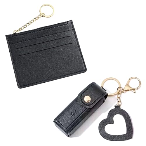iSuperb Lippenstift-Etuis Leder Schlüsselmäppchen Münztüte Kreditkartenetui Lippenstift Etui Schlüsselanhänger Set Chapstick Holder Keychain Damen Geldbörse (Schwarz) von iSuperb