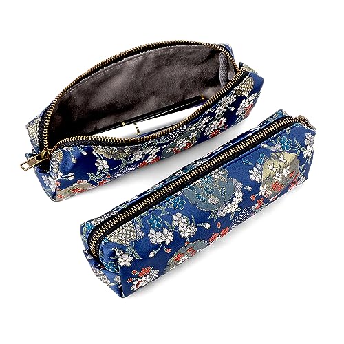 iSuperb Vintage Federmäppchen Stickerei Stift Beutel Reißverschluss Bleistift Tasche Frauen Make-up Tasche für Büro Organizer Aufbewahrungstasche (Dunkelblau) von iSuperb