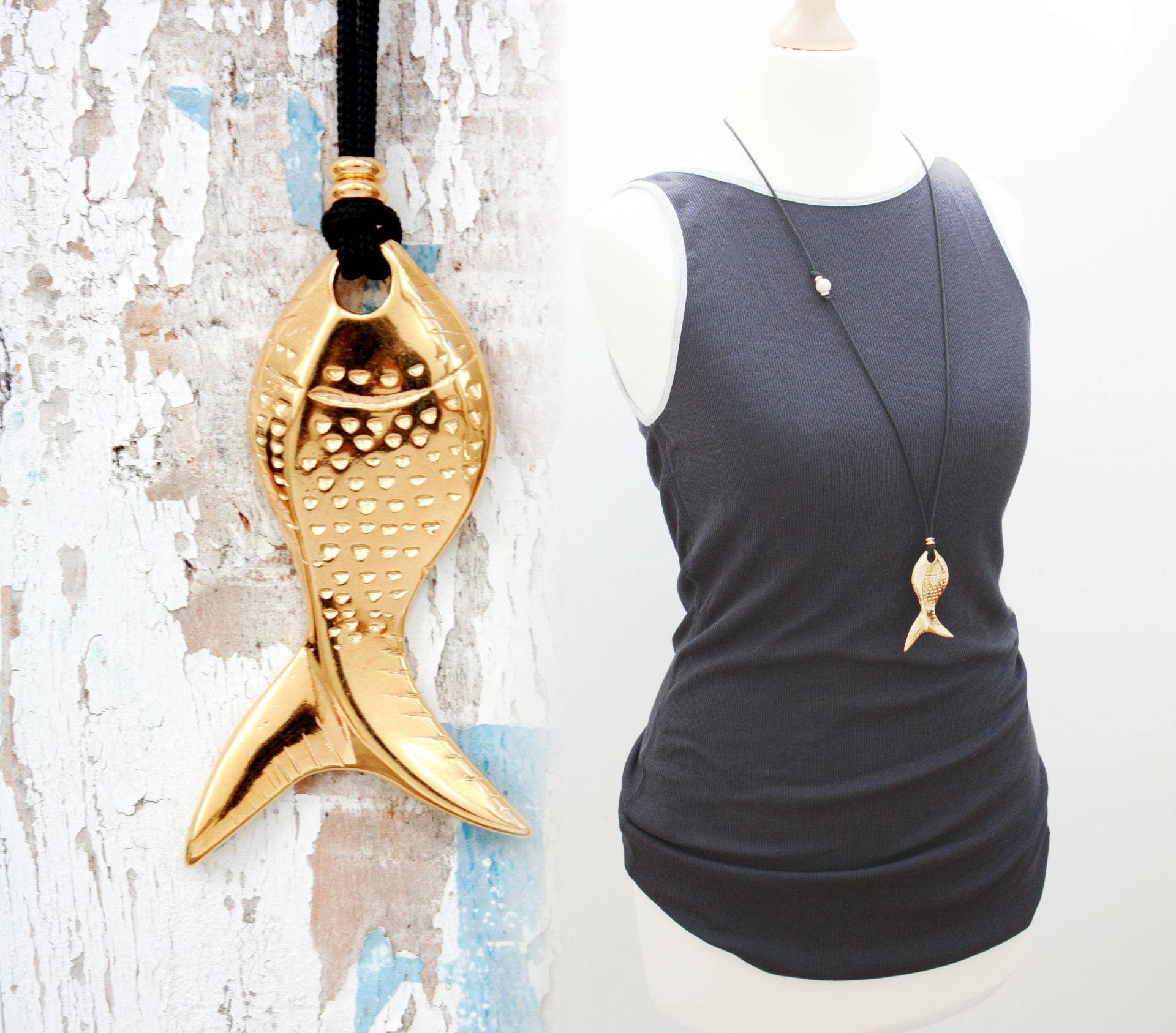 Kette Mit Fischanhänger, Lange Am Segelseilband, Sternzeichen Fisch, Maritime Kette, Sommerschmuck von iTuepfelSchmuck