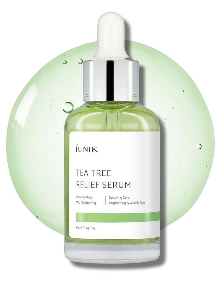 iUnik Gesichtsserum Tea Tree Relief Serum 50 ml – Für klare, ausgeglichene Haut Adenosin, 6 Pflanzenkeimlinge, vegan, alkoholfrei, parfümfrei, 67% Teebaumblattwasser, 19,5% Centella Asiatica, Niacinamid von iUnik