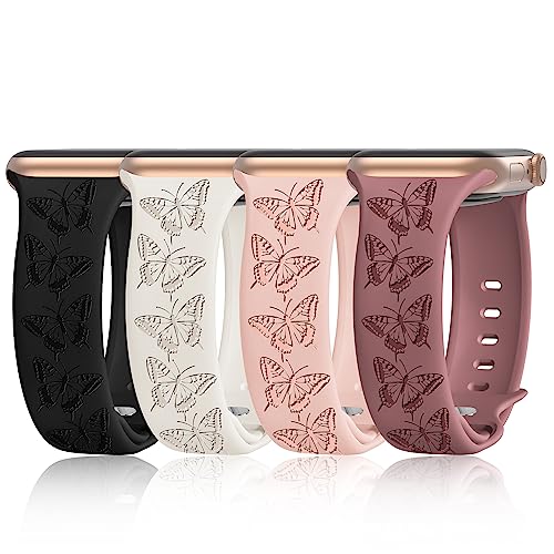 Armband mit Schmetterlings-Gravur, kompatibel mit Apple Watch, 40 mm, 41 mm, 38 mm, 42 mm, 44 mm, 45 mm, 49 mm, weiches Silikon, niedlich, Sport, wasserdicht, für iWatch-Bänder Serie SE 8, 6, 5, 4, 3, von iWabcertoo