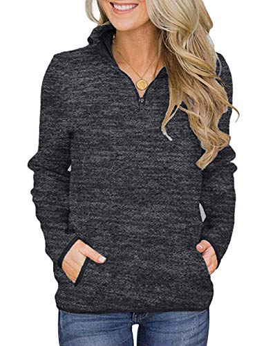 Damen Langarm Lose Langarmshirt Hemd Shirt Oversize Sweatshirt Reißverschluss Oberteil Tops mit Taschen Schwarz XL von iWoo