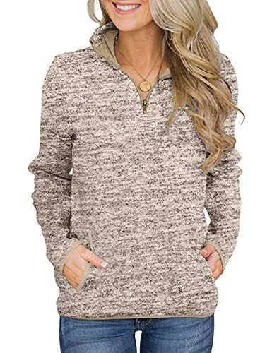 iWoo Damen Casual Stehkragen Sweatshirt Langarm Quarter Reißverschluss Pullover Tops mit Taschen Khaki S von iWoo