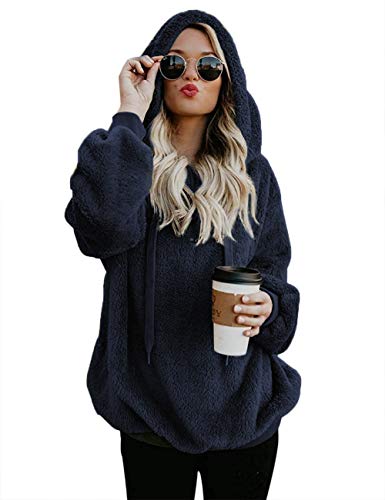 iWoo Damen Kapuzenpullover Mit Flanellplüsch Winter Teddy-Fleece Pullover Sweatshirt Langarmshirt Oberteile Hoodie Sweatjacke(Navy Blau,S) von iWoo