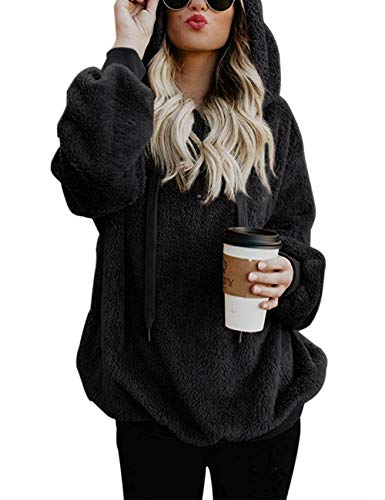 iWoo Damen Kapuzenpullover Mit Flanellplüsch Winter Teddy-Fleece Pullover Sweatshirt Langarmshirt Oberteile Hoodie Sweatjacke(Schwarz,S) von iWoo