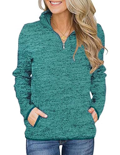 iWoo Damen Langarm Lose Langarmshirt Hemd Shirt Oversize Sweatshirt Reißverschluss Oberteil Tops Hemd mit Taschen Blau-Grün XL von iWoo