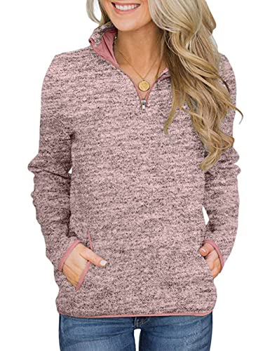 iWoo Damen Lose 1/4 Reißverschluss Jumper Sweatshirt Pullover Casual Bluse Oberteile Langarm Tops mit Taschen Pink-Rosa M von iWoo