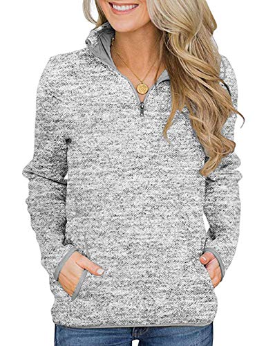 iWoo Damen Lose 1/4 Reißverschluss Jumper Sweatshirt Pullover Casual Bluse Oberteile Oversize Tops mit Taschen Grau M von iWoo