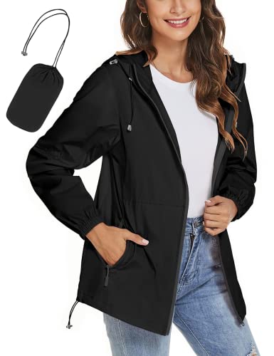 iWoo Regenjacke Damen Wasserdicht Schwarz Atmungsaktiv Dünne Windjacke Leicht Regenmantel für Outdoor-Windbreaker zum Wandern Reisen, Schwarz S von iWoo