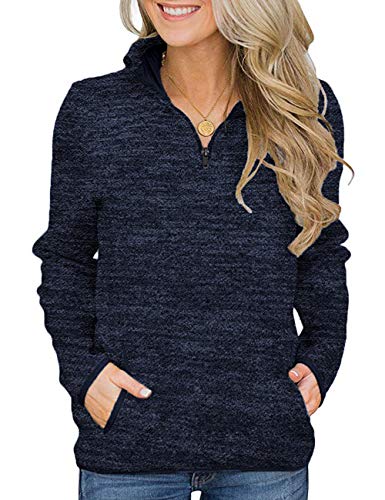 iWoo Damen Sweatshirt Pullover Langarm 1/4 Reißverschluss Jumper Bluse Tops Lose Casual Stehkragen Langarmshirt mit Taschen Blau S von iWoo