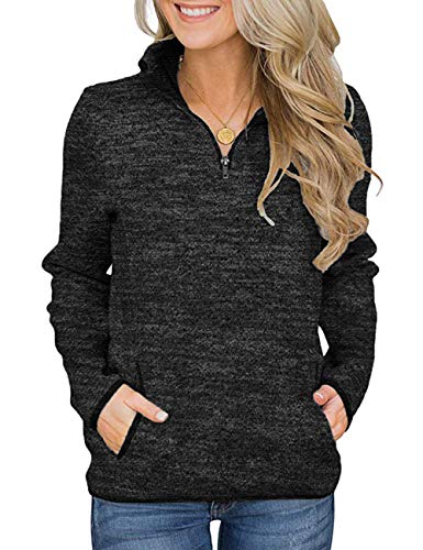 iWoo Damen Sweatshirt Pullover Langarm 1/4 Reißverschluss Jumper Bluse Tops Lose Casual Stehkragen Langarmshirt mit Taschen Schwarz S von iWoo