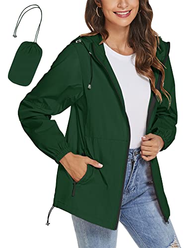 iWoo Dünne Regenjacke Damen Leichte Wasserdicht Atmungsaktiv Übergangsjacke Faltbar Sport Outdoorjacke Zip Hoodie Regenmantel Dunkelgrün M von iWoo