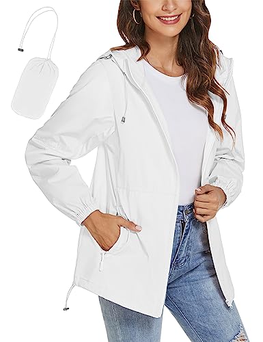 iWoo Dünne Regenjacke Damen Wasserdicht Atmungsaktiv Leicht Regenmantel Outdoorjacke Sommerjacke Übergangsjacke für Wandern Reisen Treking, Weiß XL von iWoo