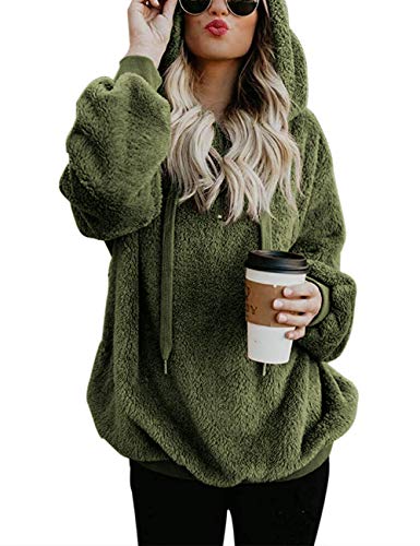 iWoo Fleecepullover Damen Hoodie Teddy-Fleece Pullover Langarmshirt Sweatshirt Mit Kapuze Teddyjacke Damen(Armee Grün,XXL) von iWoo