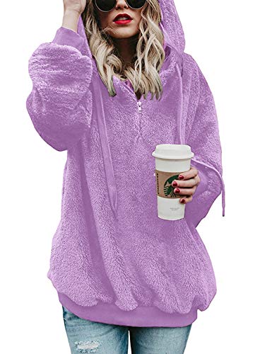 iWoo Kapuzenpullover Damen Langarm Teddy-Fleece Sweatshirt Pullover Superweich Teddy Mantel Sweatshirt Warm Hoodie(Lila,L) von iWoo