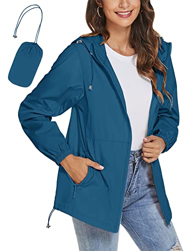 iWoo Leicht Regenjacke Damen Wasserdicht Atmungsaktiv Sommerjacke Faltbar Windbreaker Mit Kapuze Softshelljacke Fahrradjacke Rain jacke Regenmantel, Blau L von iWoo