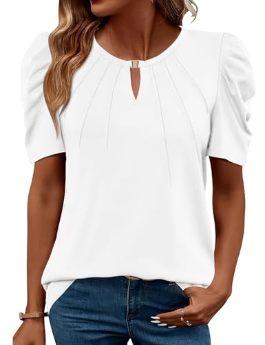 iWoo Oberteile Damen Sommer V-Ausschnitt Elegant Tunika Puffärmel T-Shirt Weiß Casual Kurzarm Tops Weiß S von iWoo