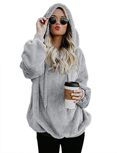 iWoo Pullover Damen Hoodie Winter Lose Warm Kapuzenpullover Teddy-Fleece Langarm Oversize Sweatshirt Mit Kapuze(Hellgrau,S) von iWoo