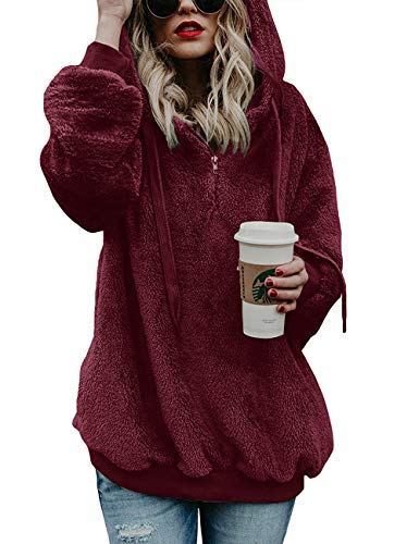 iWoo Pullover Damen Hoodie Winter Lose Warm Kapuzenpullover Teddy-Fleece Langarm Oversize Sweatshirt Mit Kapuze(Weinrote Farbe,S) von iWoo