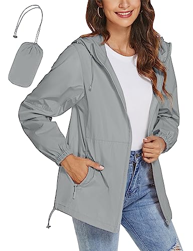 iWoo Regenjacke Damen Wasserdicht Atmungsaktiv Funktionsjacke Leicht Regenmantel Dünne Rains Outdoorjacke Sport Übergangsjacke, Grau M von iWoo