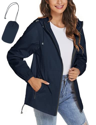 iWoo Regenjacke Damen Wasserdicht Atmungsaktiv Windjacke Regenmantel Frauen Womens Zip Hoodie Rain jacke Große Größen, Navy Blau XXL von iWoo