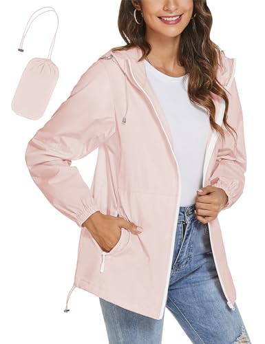 iWoo Regenjacke Damen Wasserdicht Dünne Windjacke Funktionsjacke Regenmantel für Outdoor-Windbreaker zum Wandern Reisen, Rosa L von iWoo