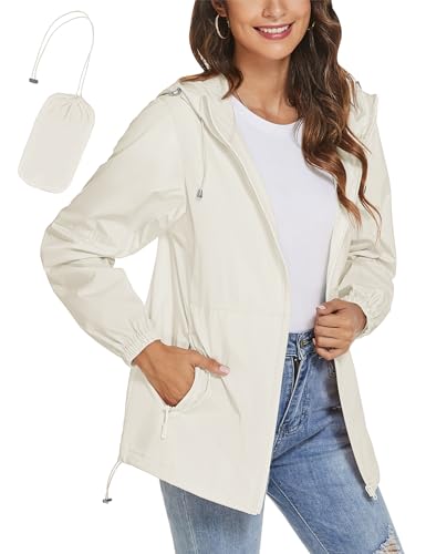 iWoo Regenjacke Damen Wasserdicht Outdoorjacke Atmungsaktiv Leichte Dünne Funktionsjacke Regenmantel Übergangsjacke, Beige XXL von iWoo