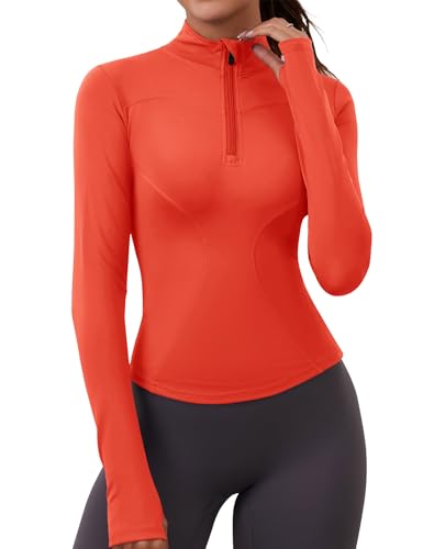 iWoo Sportshirt Damen Langarm Funktionsshirt Atmungsaktiv Sport T-Shirt Gym Top Activewear Half Zip Sportjacke Sweatshirt mit Halbem Reißverschluss und Daumenloch Orange XL von iWoo