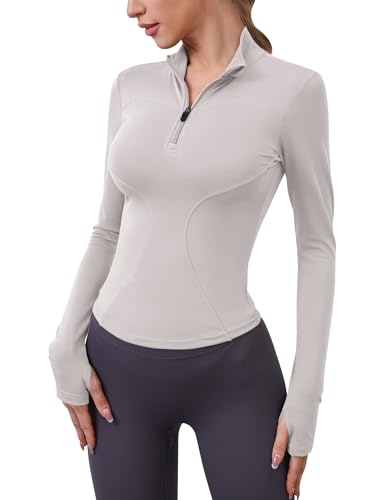 iWoo Sportshirt Damen Langarm Gym Top Funktionsshirt Atmungsaktiv Sport T-Shirt Laufjacke Half Zip Sweatshirt mit Halbem Reißverschluss und Daumenloch Elfenbeingrau XS von iWoo
