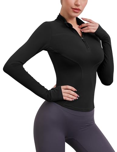 iWoo Sportshirt Damen Langarm Sport T-Shirt Gym Top Funktionsshirt Atmungsaktiv Laufjacke Half Zip Sweatshirt mit Halbem Reißverschluss und Daumenloch Schwarz XS von iWoo