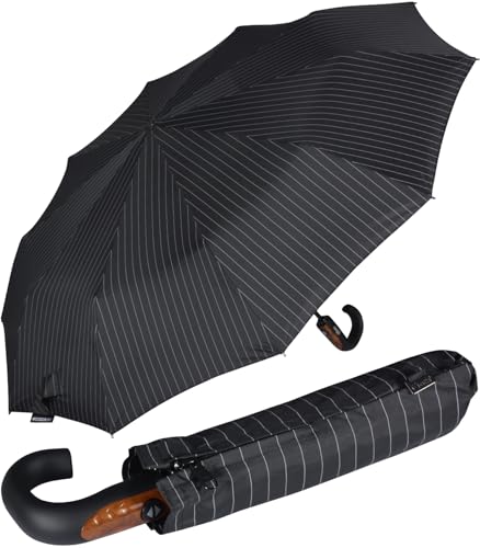 iX-brella Herren-Taschenschirm 10 Streben schwarz, mit Auf-Zu-Automatik und Rundhakengriff mit Holzoptik - Pinstripe von iX-brella