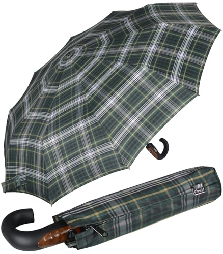iX-brella Herren-Taschenschirm 10 Streben schwarz, mit Auf-Zu-Automatik und Rundhakengriff mit Holzoptik - check green von iX-brella